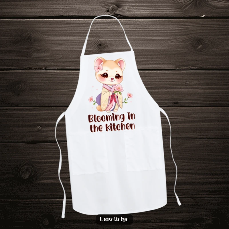 Funny weasel kimono bloom apron showing a cute weasel in traditional wear holding a delicate flower while cooking.