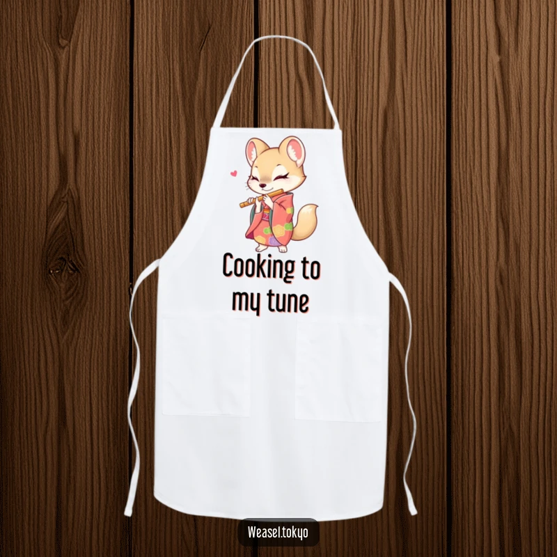Funny weasel apron showing a creature in a vibrant kimono energetically playing a flute, perfect for kitchen fun and creative cooking.