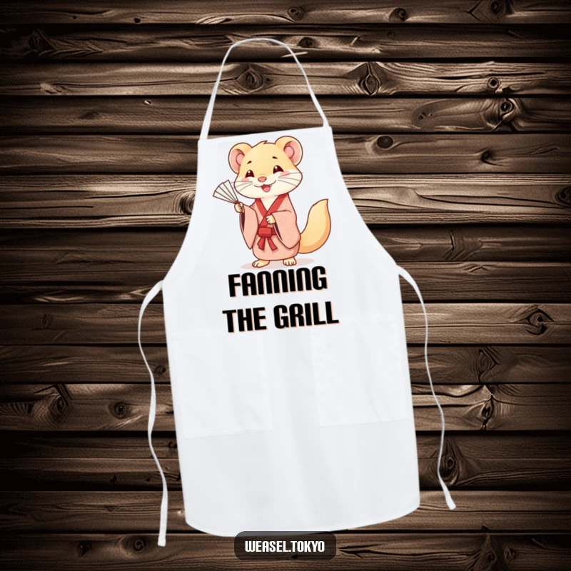 Funny apron with a smiling Kawaii weasel in a patterned kimono, gracefully practicing fan movements, perfect for kitchen use.