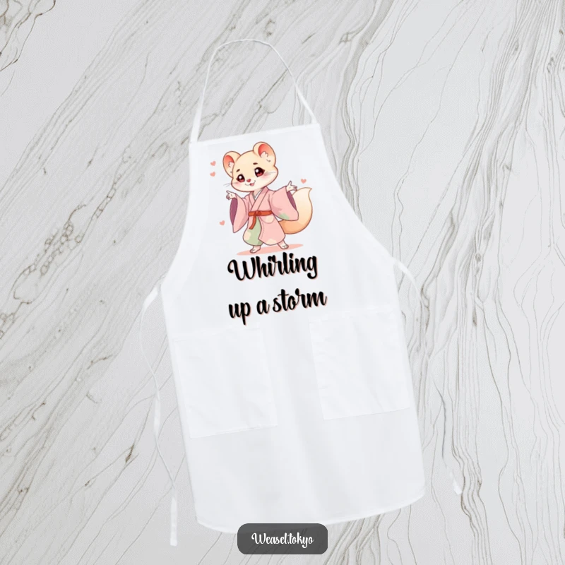 Funny weasel kimono apron showing a cute weasel in a flowing kimono striking an energetic pose while cooking.