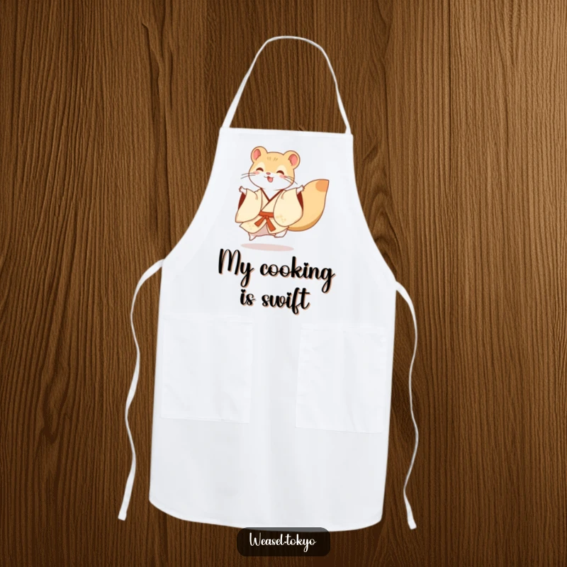 Funny Apron: A happy weasel in a traditional kimono performs a lively dance flourish while preparing food, bringing humor to the kitchen.