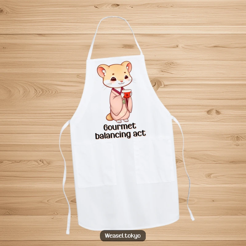 Funny weasel apron showing a creature in traditional kimono gracefully balancing a saké cup, ideal for kitchen elegance and fun.