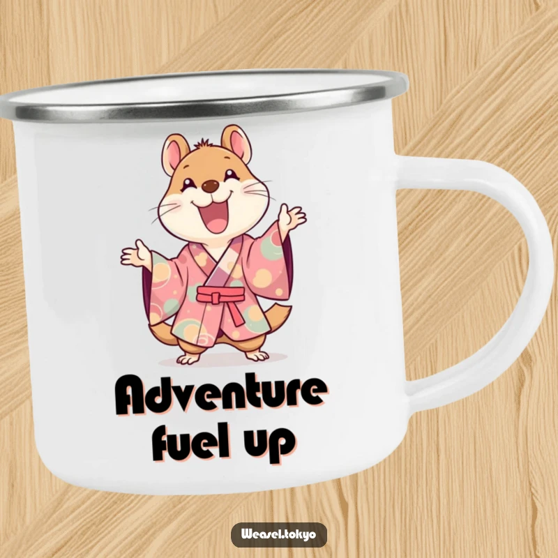 Funny Kawaii weasel with a kimono on a camping mug, joyfully gesturing, perfect for outdoor enthusiasts.