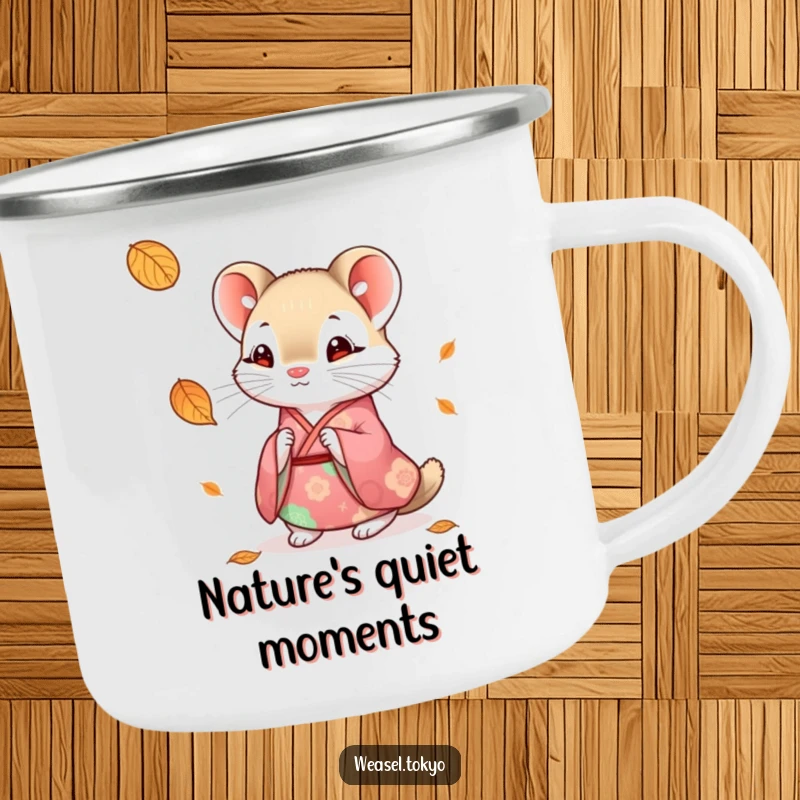 Funny weasel kimono camping mug featuring a cute weasel in traditional attire looking curiously at a falling leaf during adventures.