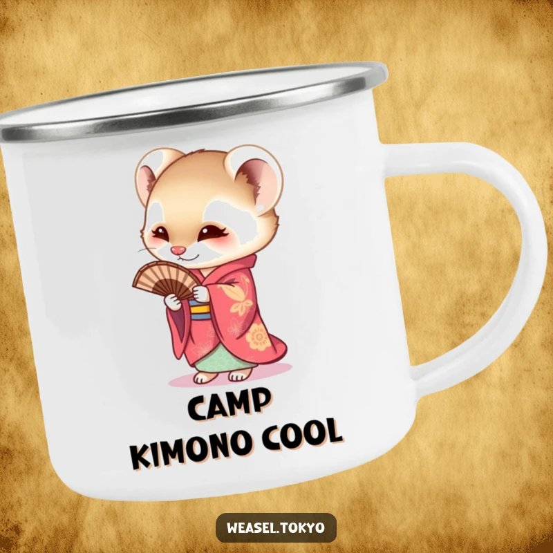 Funny Weasel Camping Mug showing a curious weasel in a colorful kimono holding a fan, perfect for hot drinks during outdoor escapades.