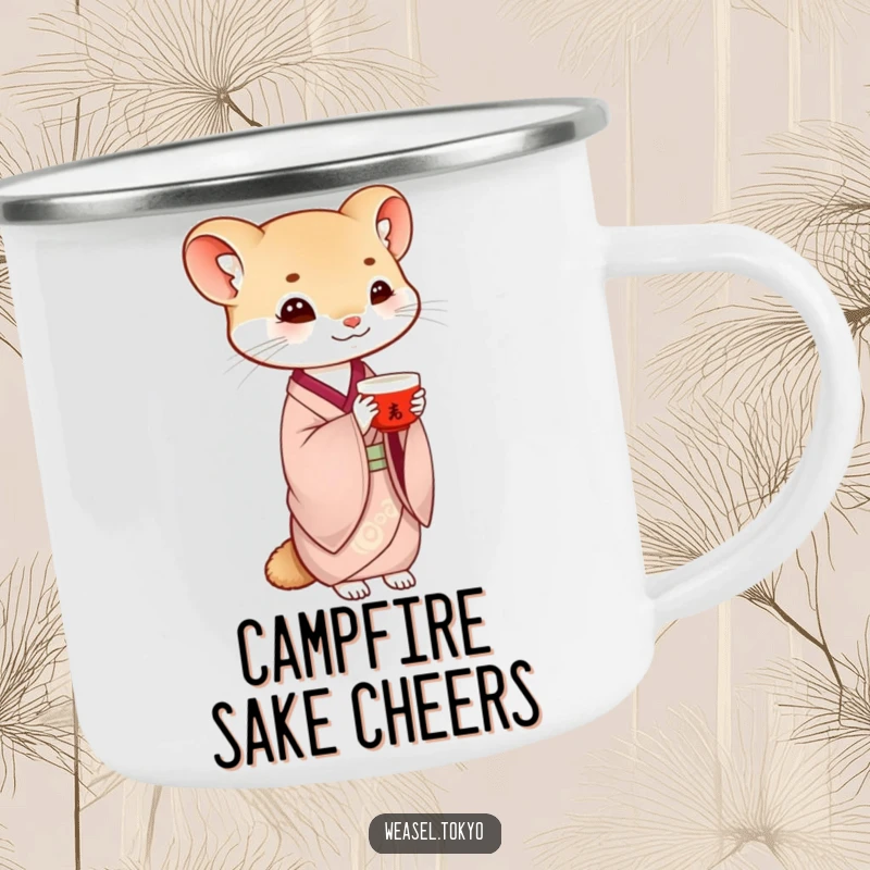 Funny weasel camping mug with a creature in traditional kimono gracefully balancing a saké cup, perfect for peaceful outdoor beverages.