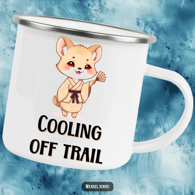 Funny weasel camping mug with a creature in a patterned kimono waving a small fan, perfect for enjoying beverages outdoors.
