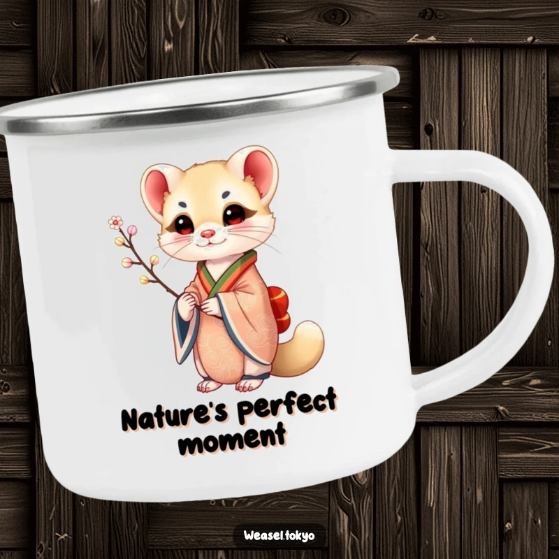 Funny Weasel Camping Mug: A weasel in an ornate kimono holds a delicate branch, making this durable mug an elegant and humorous camp essential.