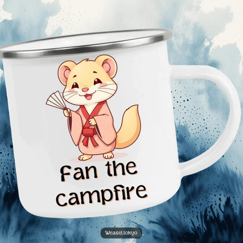 Funny camping mug with a smiling Kawaii weasel in a patterned kimono, gracefully practicing fan movements, for outdoor use.