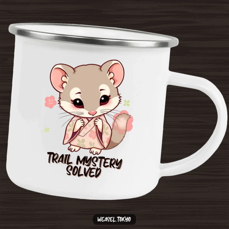 Funny Kawaii weasel with a kimono on a camping mug, curiously examining the wild, perfect outdoor gift.