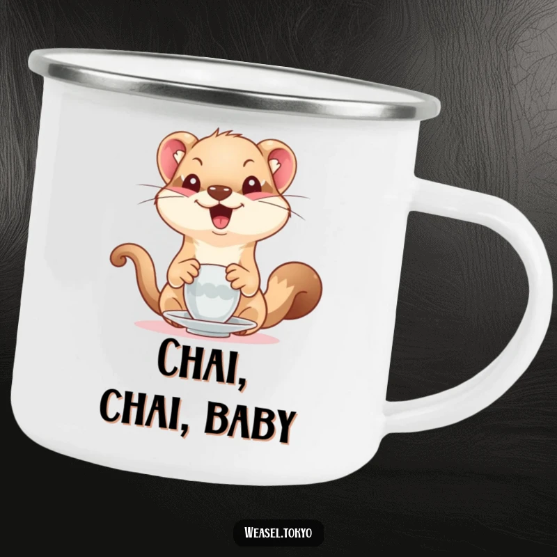 Funny Weasel Camping Mug: A delighted weasel hilariously serves tea, making this durable mug a humorous and practical camp essential.