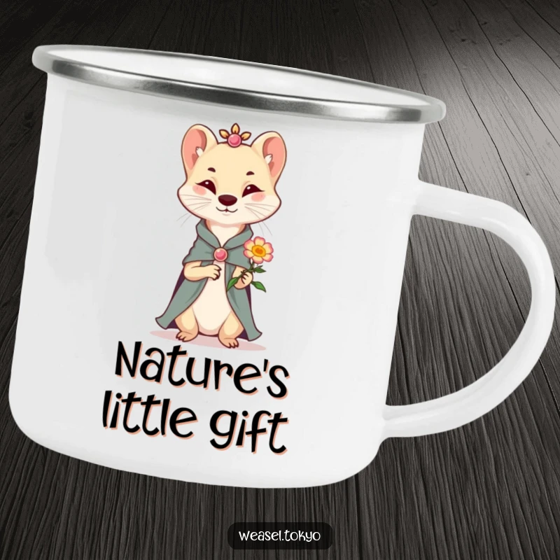 Funny Camping Mug: A sophisticated weasel in attire offers a smiling flower, bringing a touch of gentle humor to outdoor excursions.