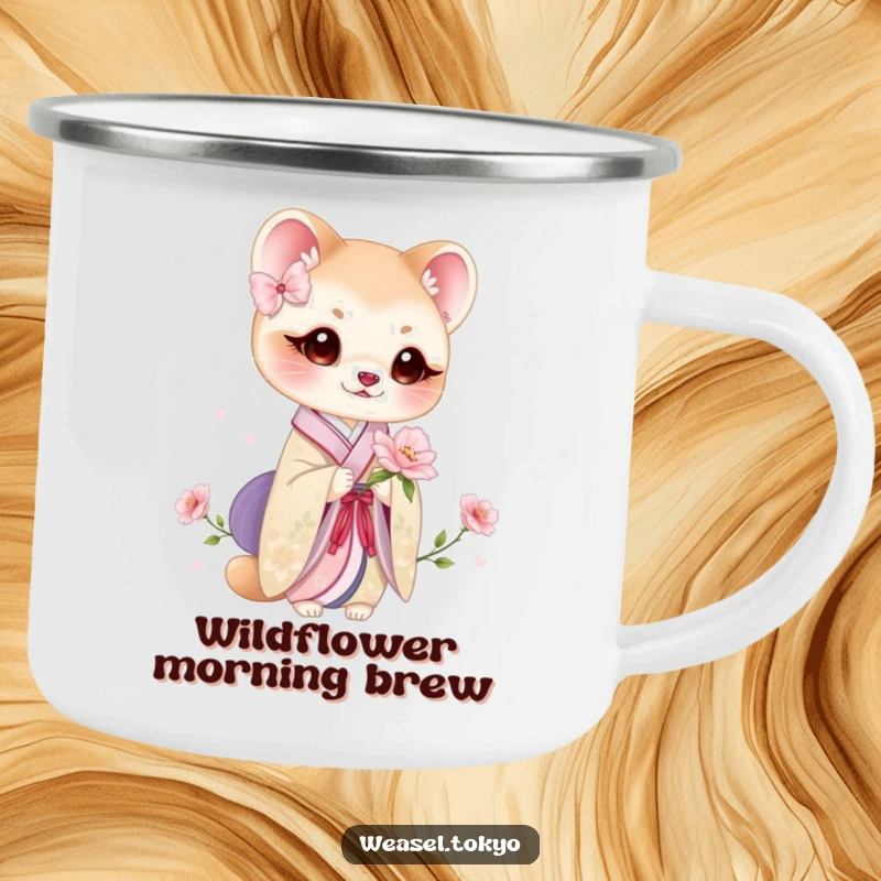 Funny weasel kimono camping mug featuring a cute weasel in traditional attire holding a delicate bloom during adventures.