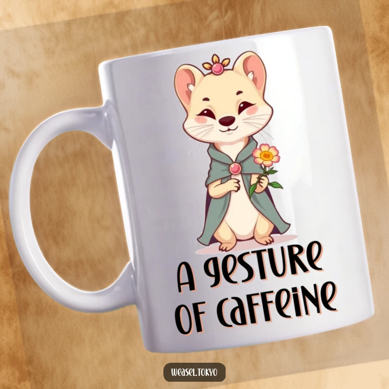 Funny Mug: An elegant weasel in fine attire offers a single, smiling flower with a gentle, endearing gesture, radiating kindness.