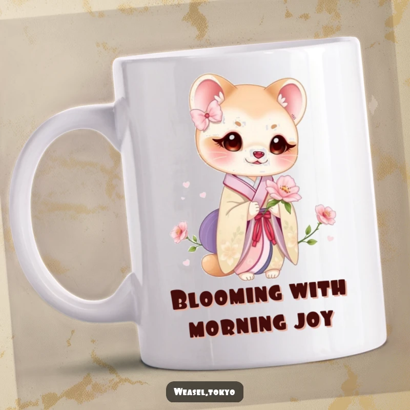 Funny weasel mug featuring a cute weasel in a beautiful kimono tenderly holding a delicate bloom, showcasing grace.