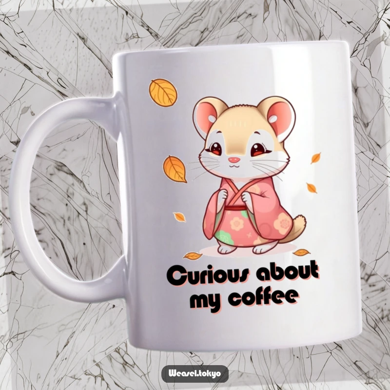 Funny weasel mug featuring a cute weasel in a colorful kimono looking curiously at a single falling leaf with wonder.