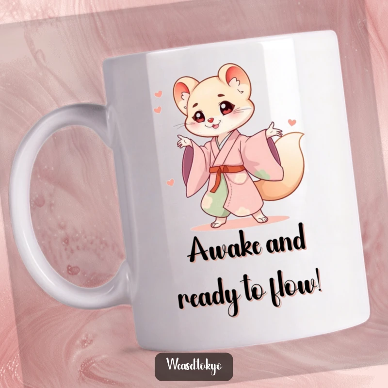 Funny weasel mug featuring a cute weasel in a flowing kimono striking a playful, energetic pose with a mischievous grin.
