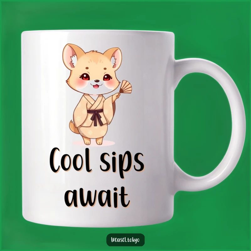 Funny Weasel Fan Waving Mug: Cheerful Greetings and Coffee!