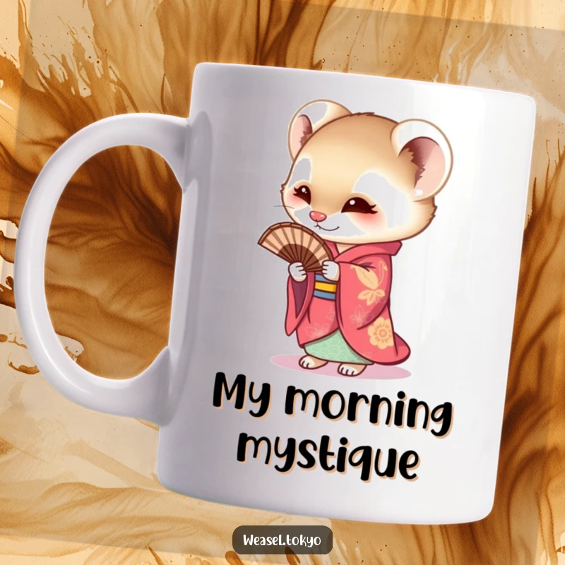 Funny Weasel Mug featuring a curious weasel dressed in a vibrant kimono, delicately holding a fan, exuding playful, Japanese-inspired charm.