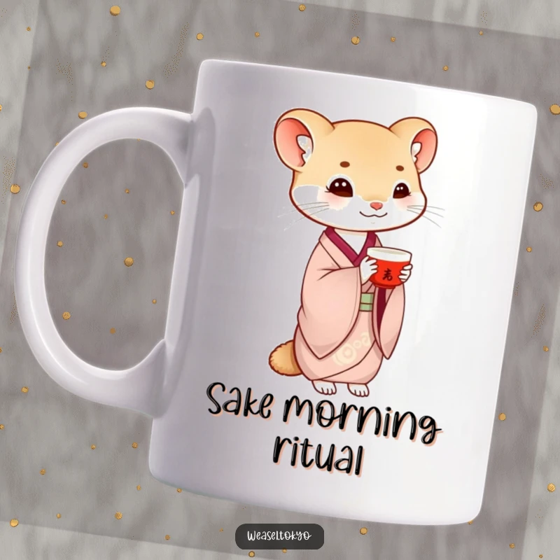 Funny weasel mug showing a creature in traditional kimono gracefully balancing a saké cup, embodying calm and humorous poise.