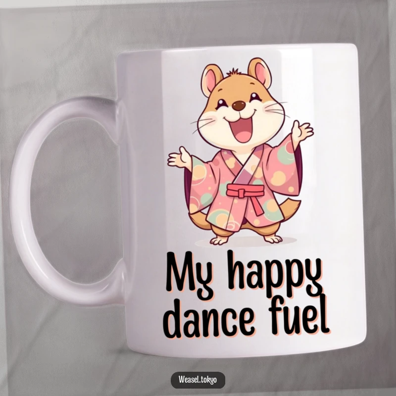 Funny Kawaii weasel in a colorful kimono joyfully gestures with wild glee, perfect for a humorous gift.