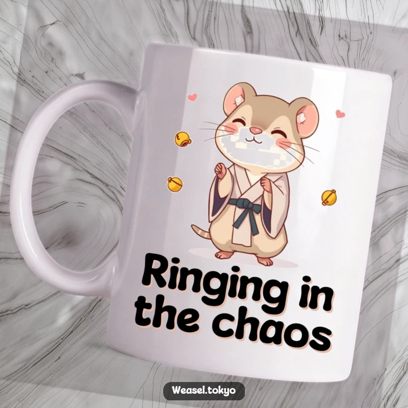 Funny Weasel Mug: A weasel in a simple kimono playfully juggles tiny bells, bringing a whimsical and humorous vibe to your mug.