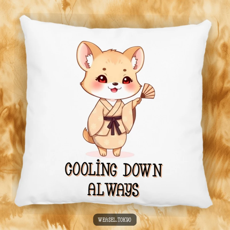 Funny weasel pillow featuring a creature in a patterned kimono waving a small fan, offering soft comfort and cheerful vibes.