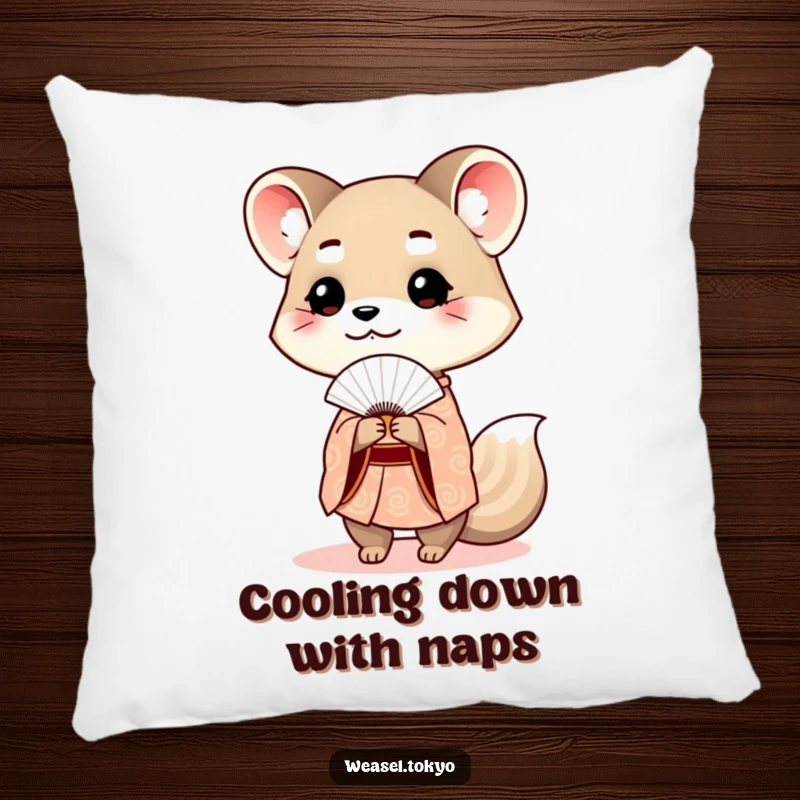 Funny weasel kimono pillow featuring a cute weasel in a patterned kimono holding a delicate fan, offering comfort.