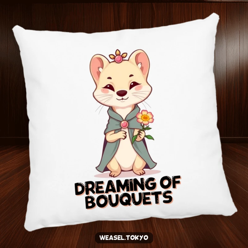 Funny Pillow: A well-dressed weasel offers a tiny, smiling flower, adding a touch of polite charm and gentle humor to any cozy space.
