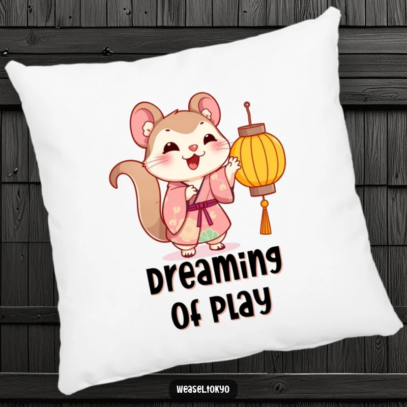 Funny Kawaii weasel character on a pillow, wearing a kimono and playfully pawing a lantern, cute gift.