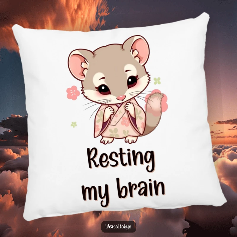 Funny Kawaii weasel character on a pillow, wearing a kimono and leaning in to examine, cute gift.