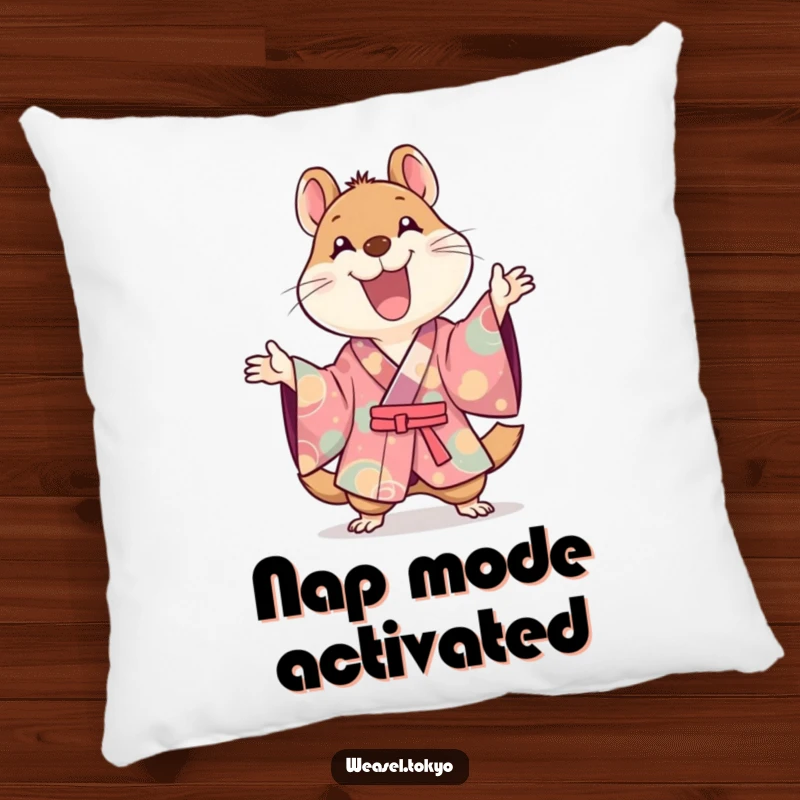 Funny Kawaii weasel character on a soft pillow, wearing a kimono and joyfully gesturing, cute gift.