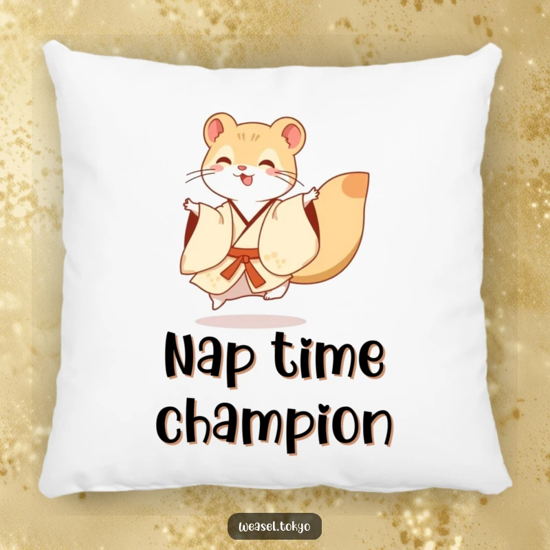 Funny Pillow: A happy weasel in a gracefully flowing kimono performs a spirited dance flourish, adding a comical touch to any space.