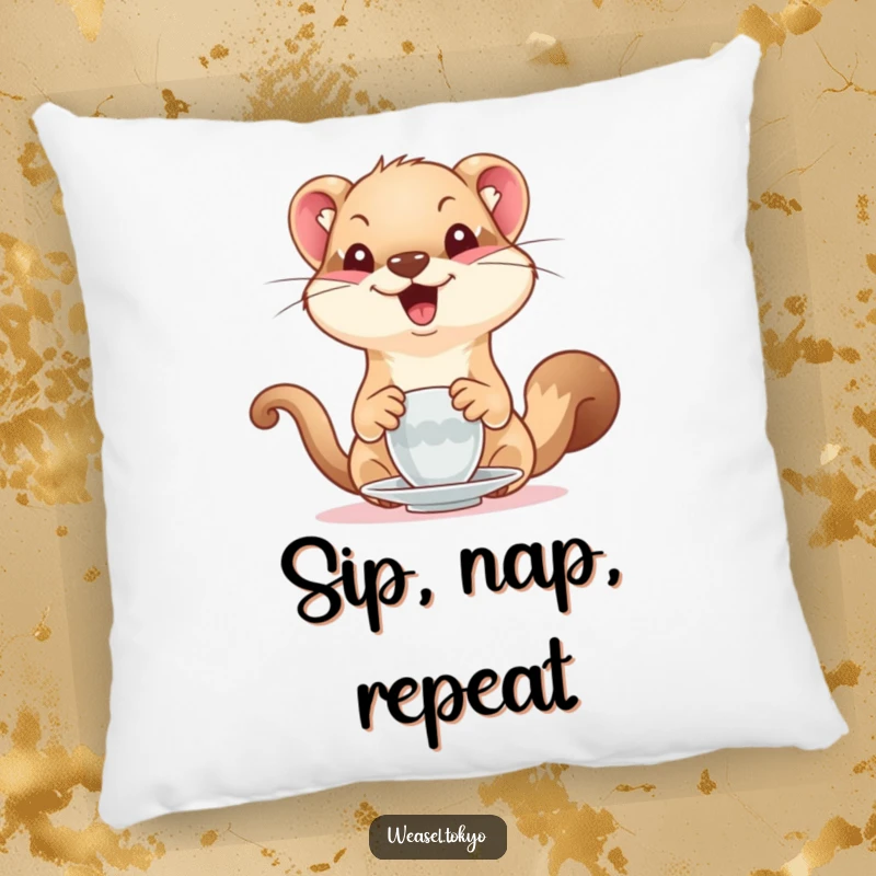 Funny Weasel Pillow: A delighted weasel hilariously serves tea, making this pillow a soft and humorous addition to any room.