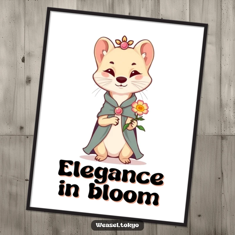 Funny Digital Art: A sophisticated weasel in neat attire presents a small, smiling flower, conveying gentle charm and understated humor.