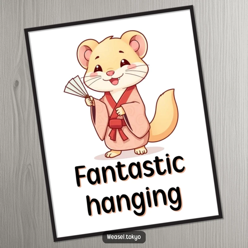 Funny digital art print of a smiling Kawaii weasel in a patterned kimono, gracefully practicing fan movements, elegant and artistic.