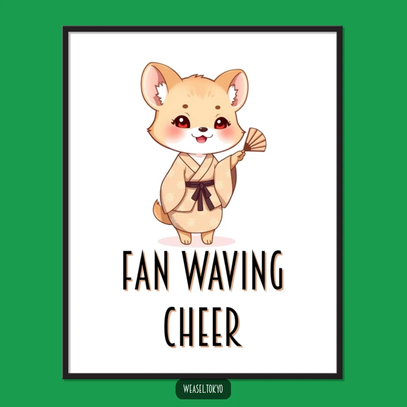 Funny Weasel Fan Waving Digital Print: Cheerful Japanese Art!