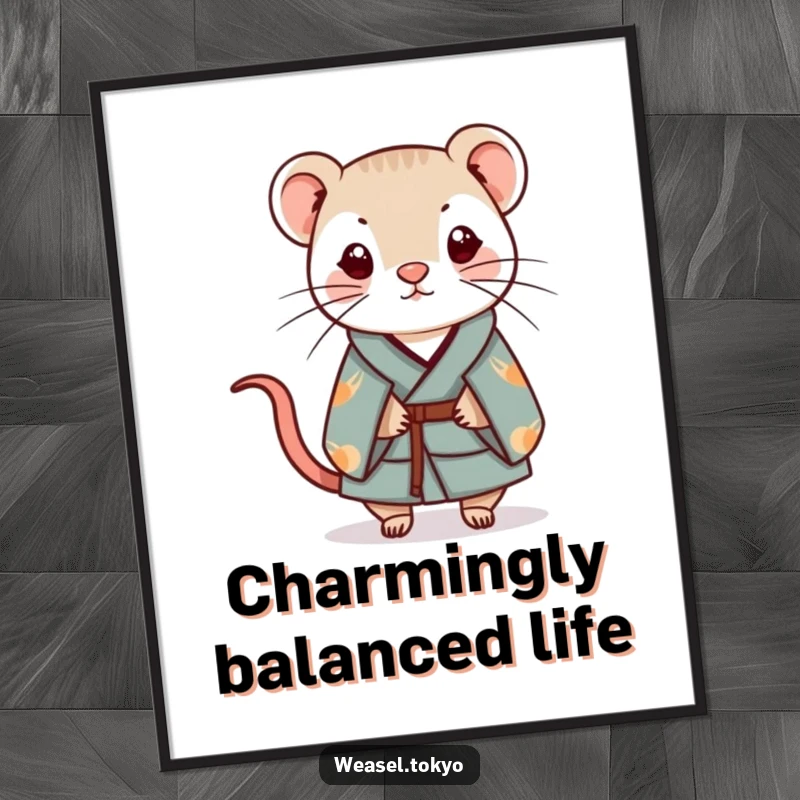 Funny Kawaii weasel in a simple kimono balancing a small charm, a whimsical digital art print, great gift.