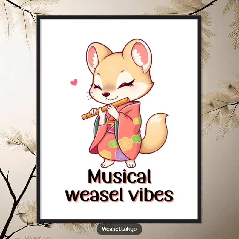 Funny weasel digital art print of a creature in a colorful kimono energetically playing a flute, creating a lively and artistic visual.