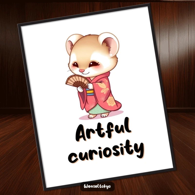 Funny Weasel Digital Art featuring a curious weasel in a vibrant kimono holding a fan, ready to bring charm and humor to any digital display.