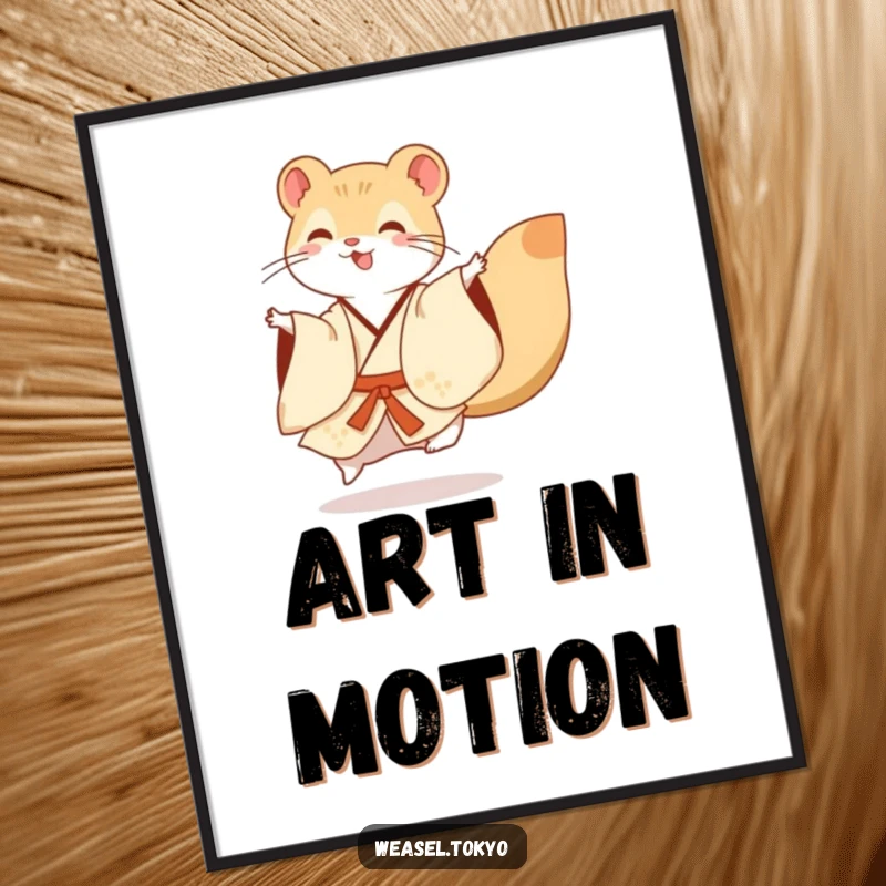 Funny Digital Art: A happy weasel in an elegant kimono executes a dynamic dance flourish, bringing vibrant energy and humor to any digital display.