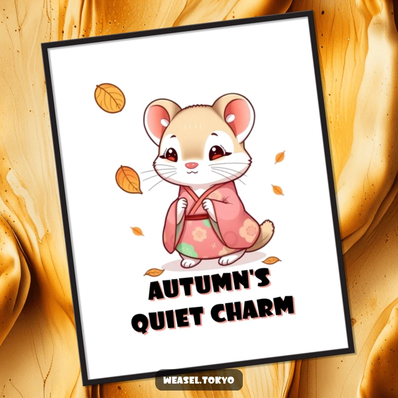 Funny weasel kimono digital art print of a cute weasel in traditional attire looking curiously at a falling leaf.