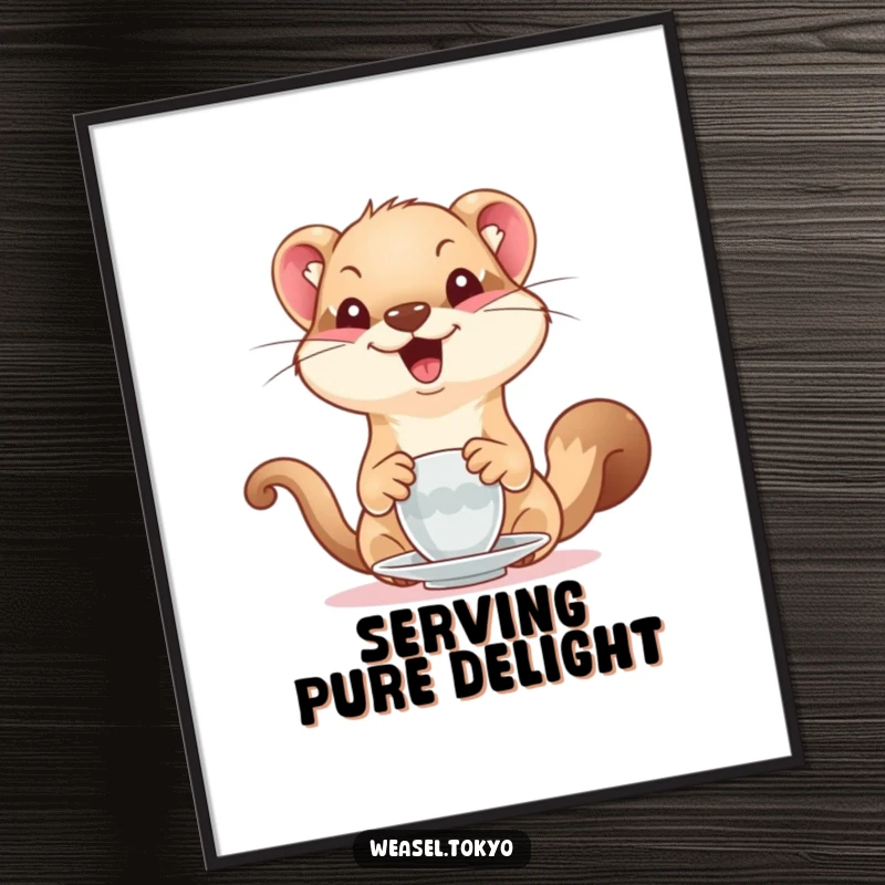 Funny Weasel Digital Art: A delighted weasel humorously serves tea, offering a whimsical and hilarious piece of art for your walls.