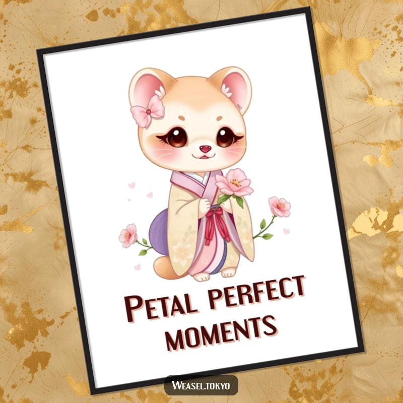 Funny weasel kimono bloom digital art print of a cute weasel in traditional attire holding a delicate flower.