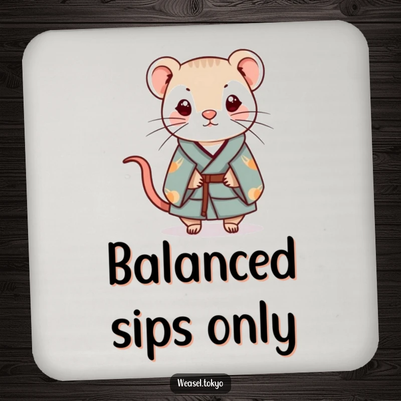 Funny Kawaii weasel illustration in a kimono balancing a small charm on a coaster, cute gift.