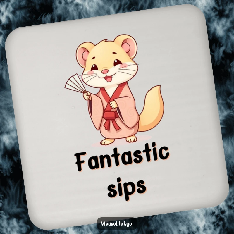 Funny drink coaster featuring a smiling Kawaii weasel in a patterned kimono, gracefully practicing fan movements, for surface protection.