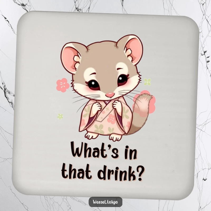 Funny Kawaii weasel illustration in a kimono curiously examining a small detail on a coaster, cute gift.