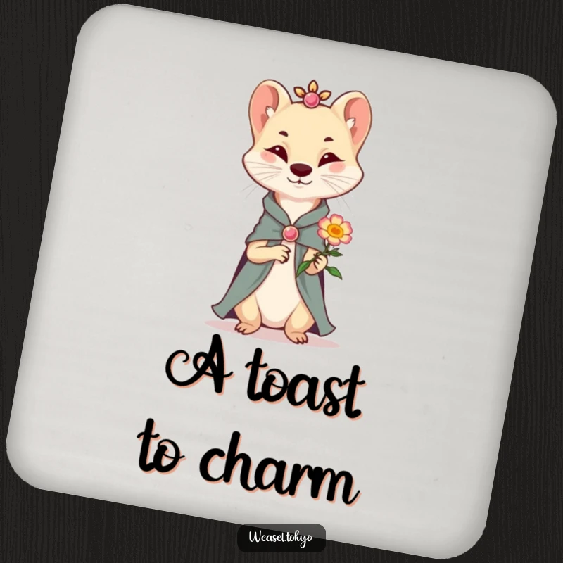 Funny Coaster: A dapper weasel in elegant attire offers a tiny, smiling flower, adding a hint of refined humor to protect surfaces.