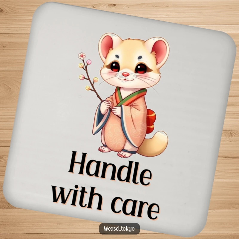 Funny Weasel Coasters: A weasel in an ornate kimono holds a delicate branch, adding artistic and humorous protection to your surfaces.