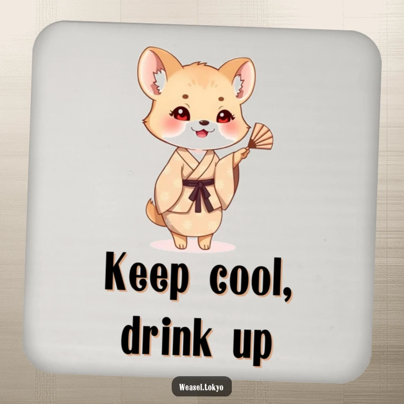 Funny weasel coaster featuring a creature in a patterned kimono cheerfully waving a small fan, offering stylish protection for surfaces.